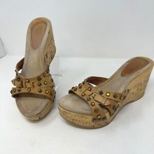 Vintage Isabella Fiore Y2K Studded Cork Wedge Sandals Brown Size 7.5